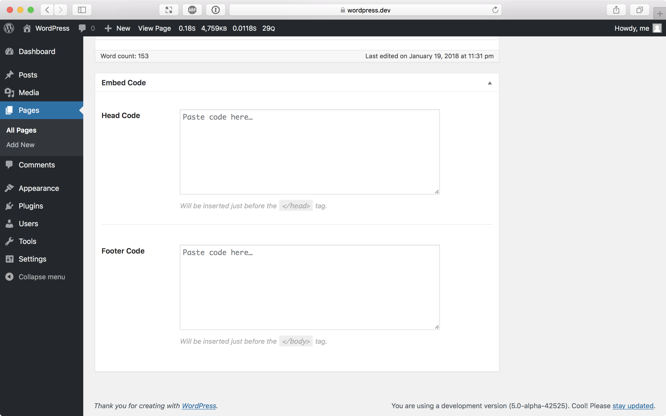 The site-wide Embed Code settings page.