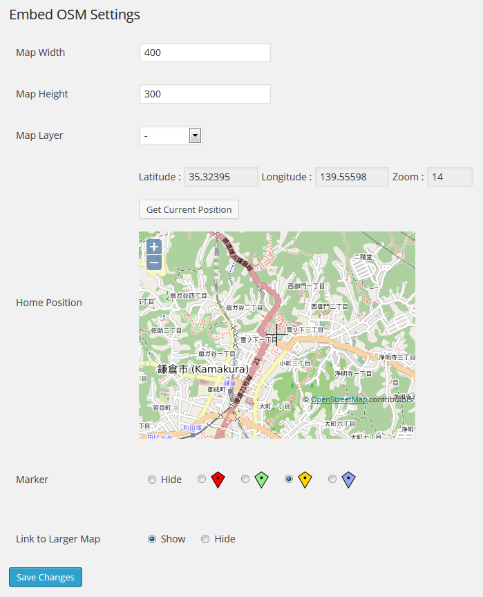 Plugin setting page. You can specify size of map, home position, type of marker and so on.