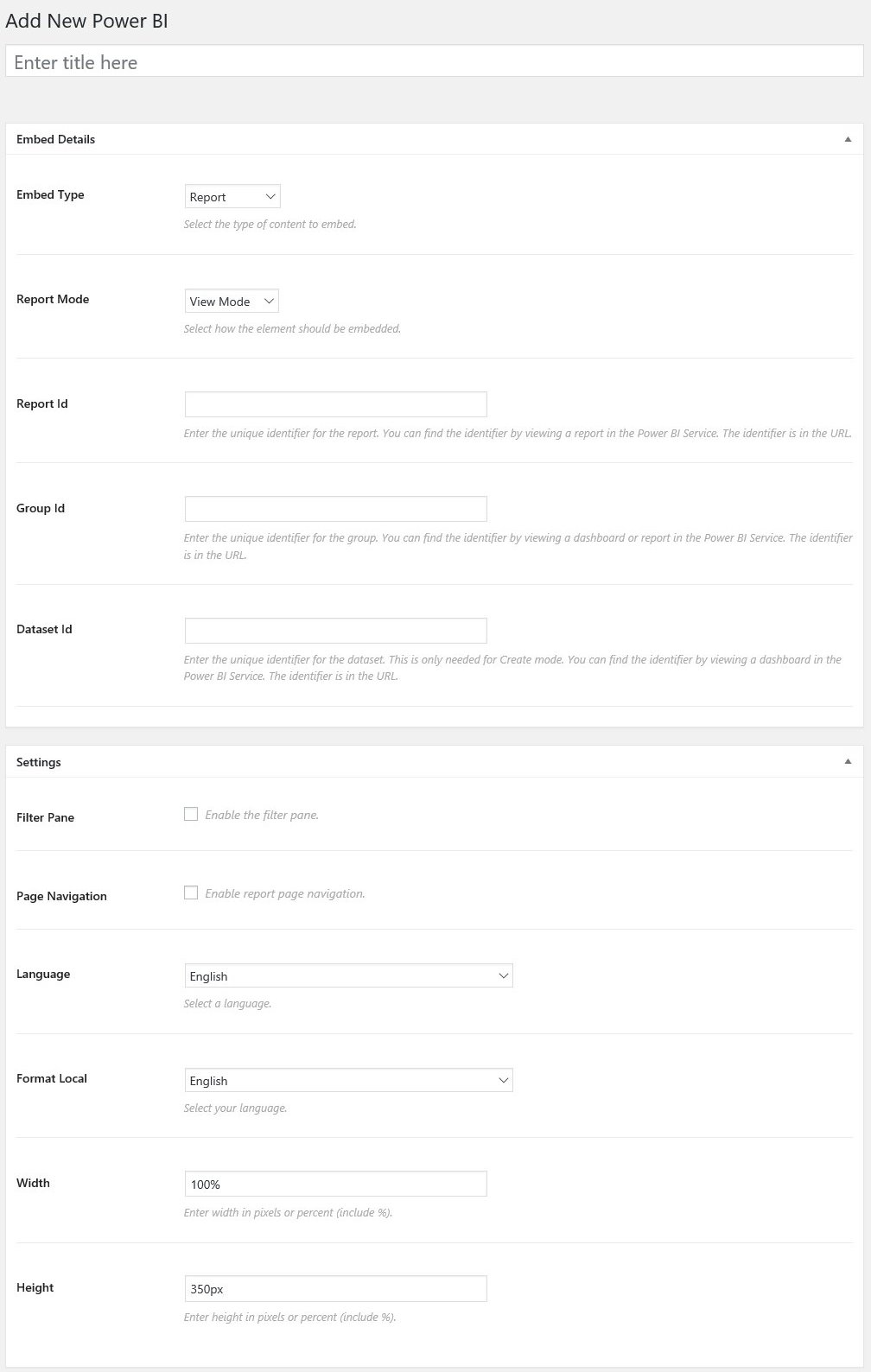 Screen to add a Power BI item.