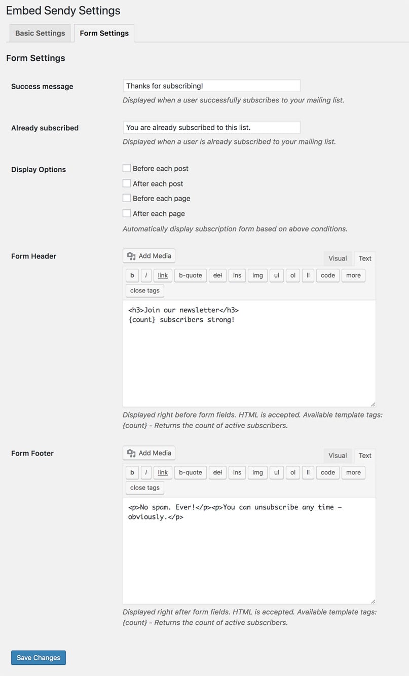 Embed Sendy plugin's form settings screen.