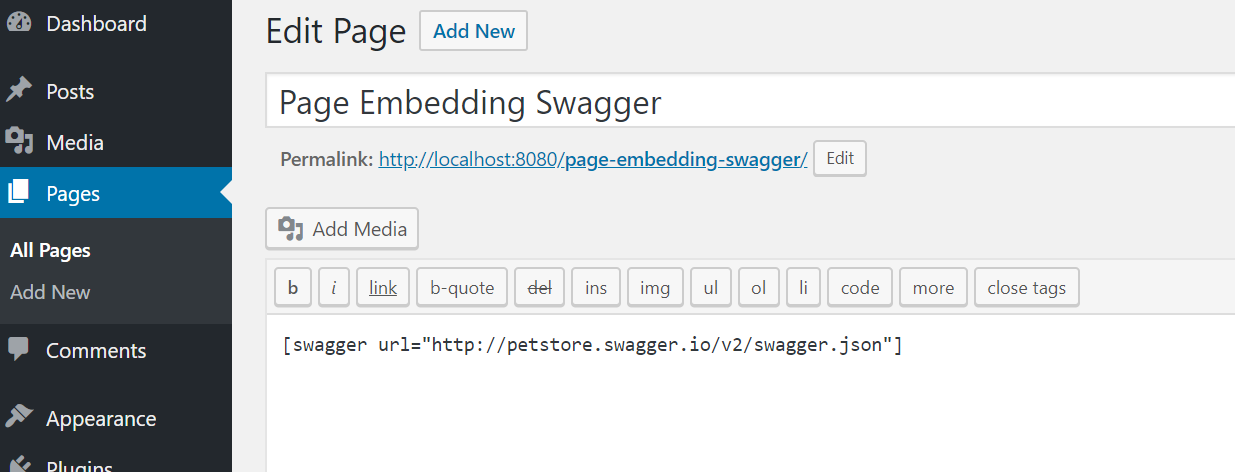 Example usage of the shortcode within the page editor