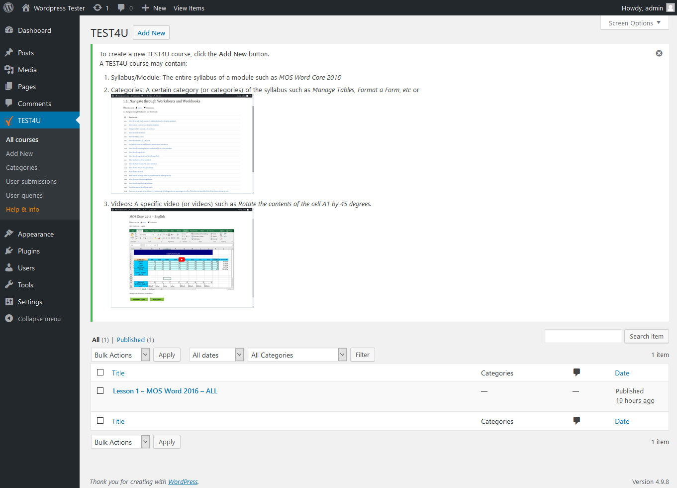 This is the first screen of the plugin. Click Add New to add a new course.