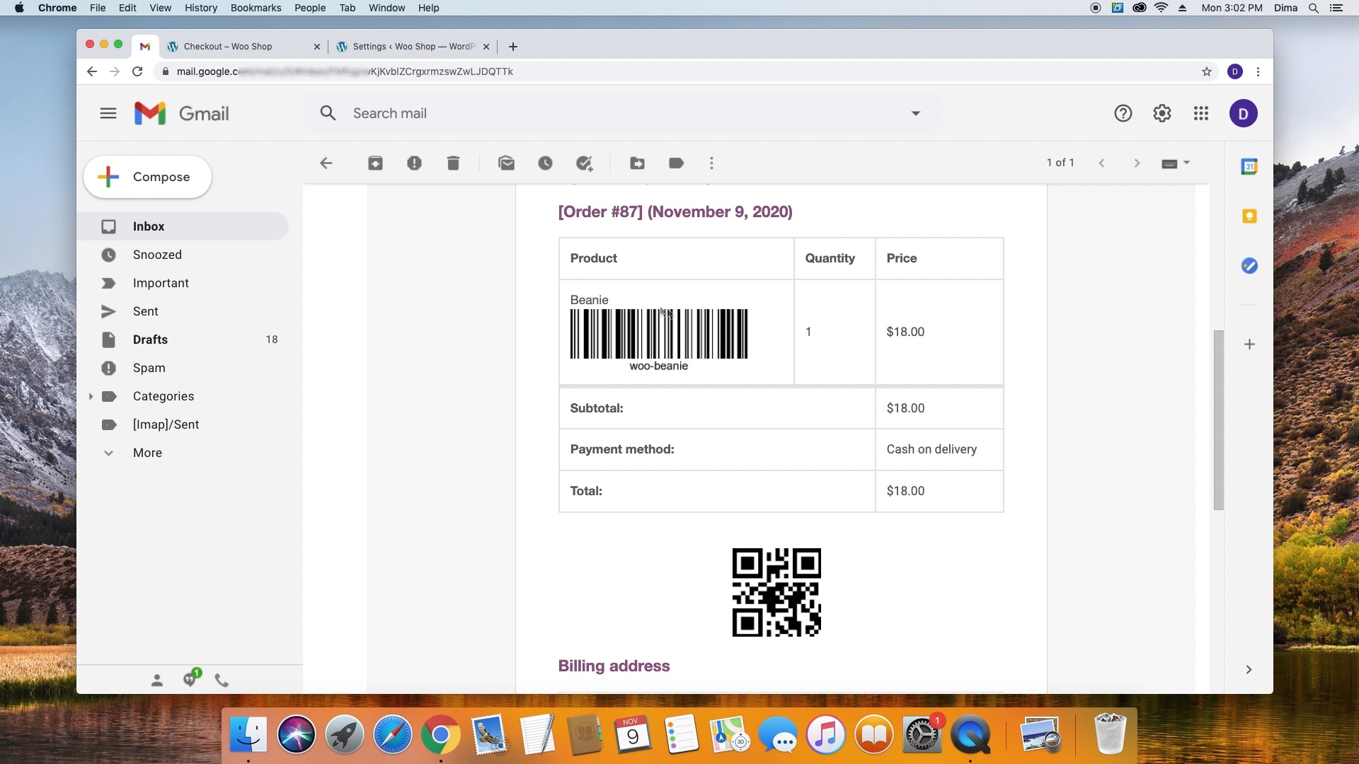 Display barcode in order email