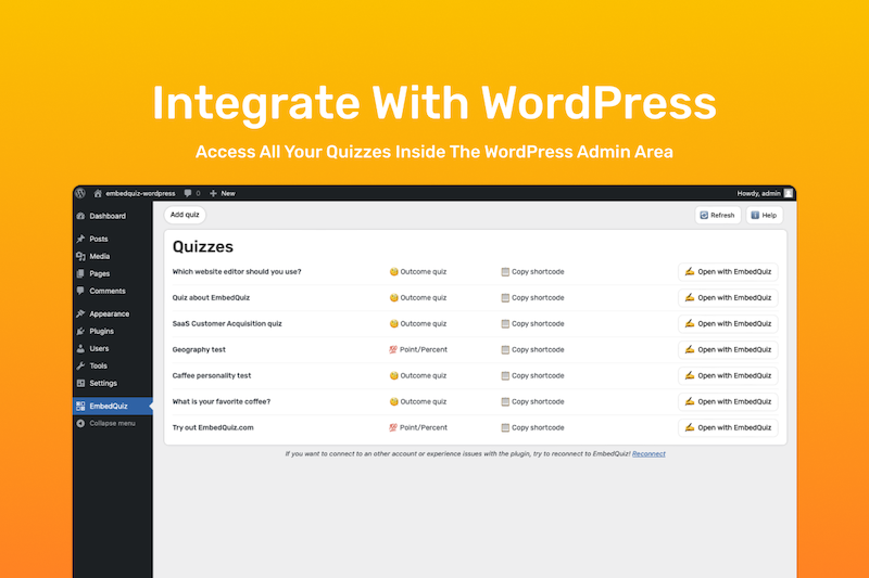 Access all your quizzes inside the WordPress admin area