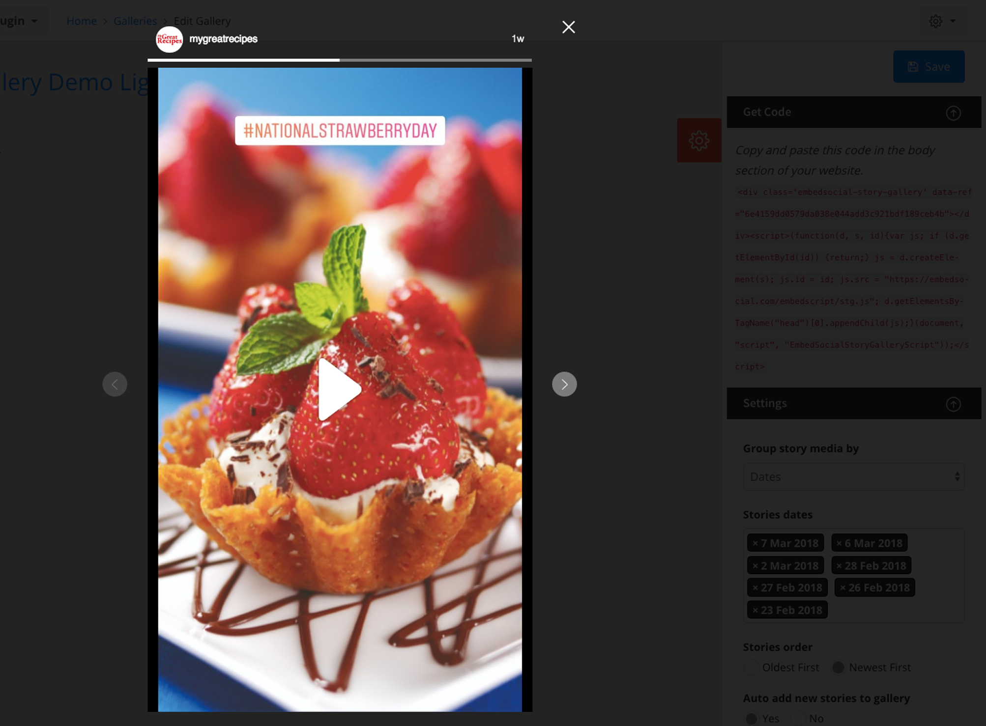 Instagram Story in a lightbox