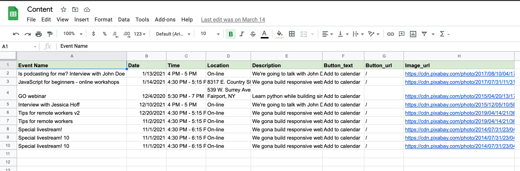 Example Google Sheet