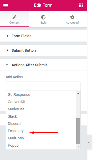 Select Action after Submit "Emercury".