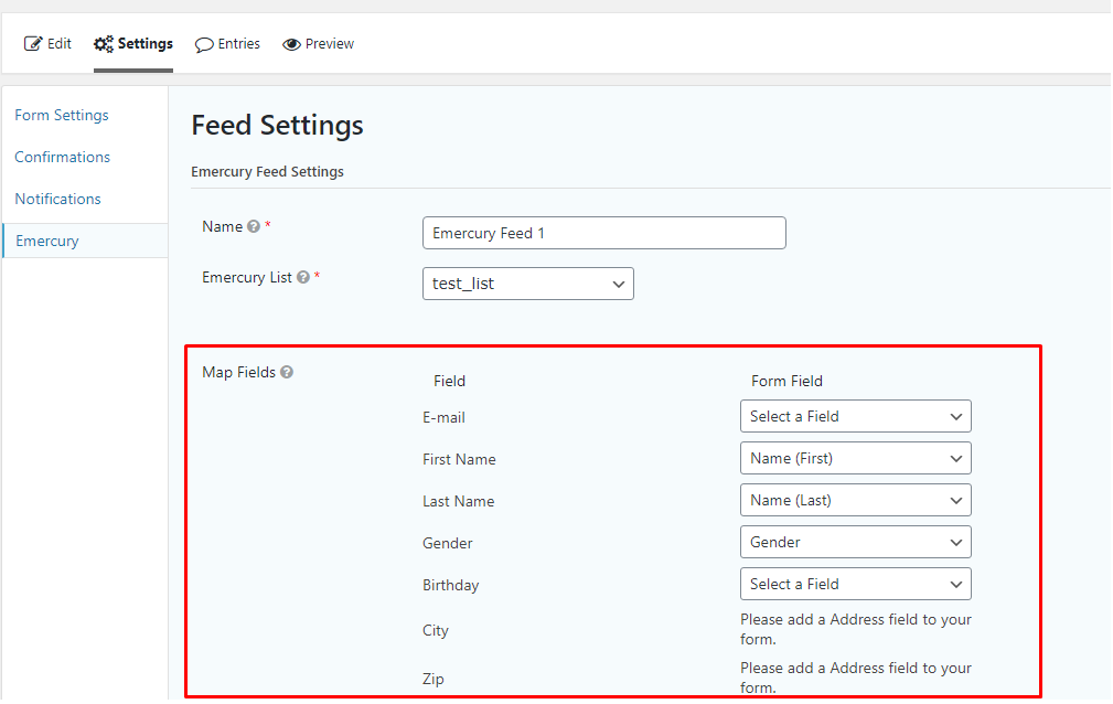 Map Emercury fields to the form fields.