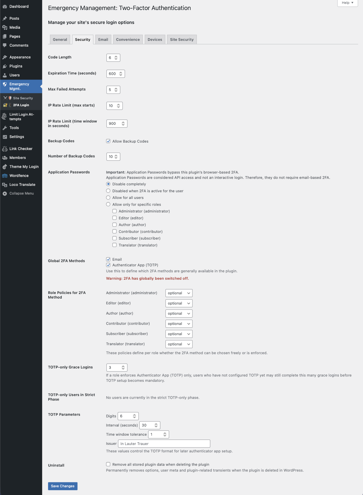 Admin settings page #2 (Two-factor Authentication)