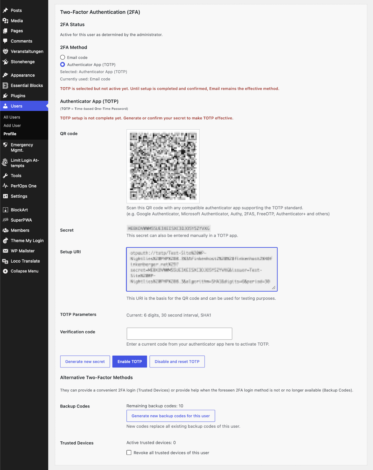 Profile view (Two-factor Authentication)