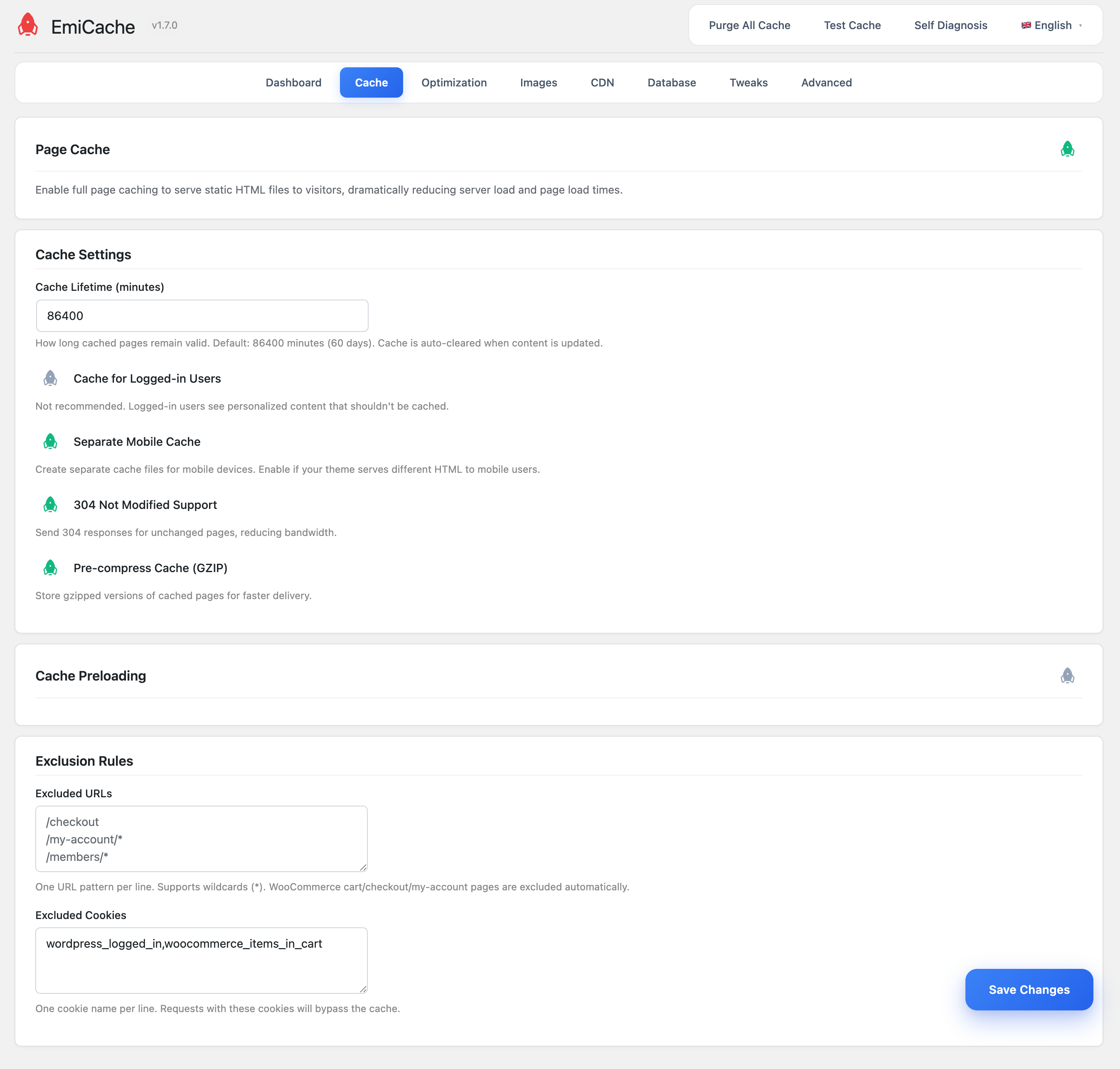 Cache settings — lifetime, separate mobile cache, 304 support, GZIP pre-compression, URL and cookie exclusion rules