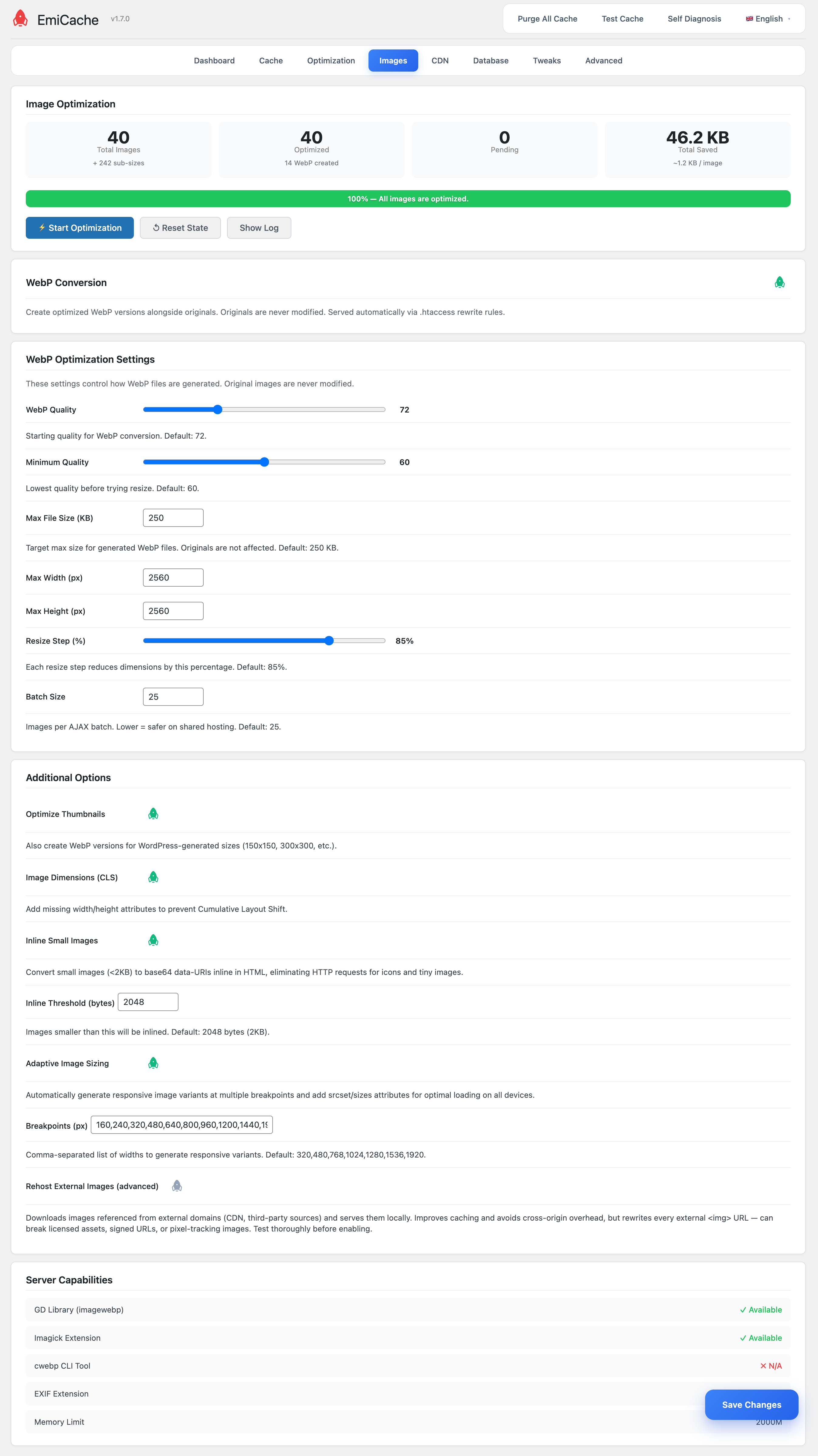 Image optimization — WebP quality controls, adaptive responsive breakpoints, external image rehosting, and GD / Imagick / cwebp capability detection