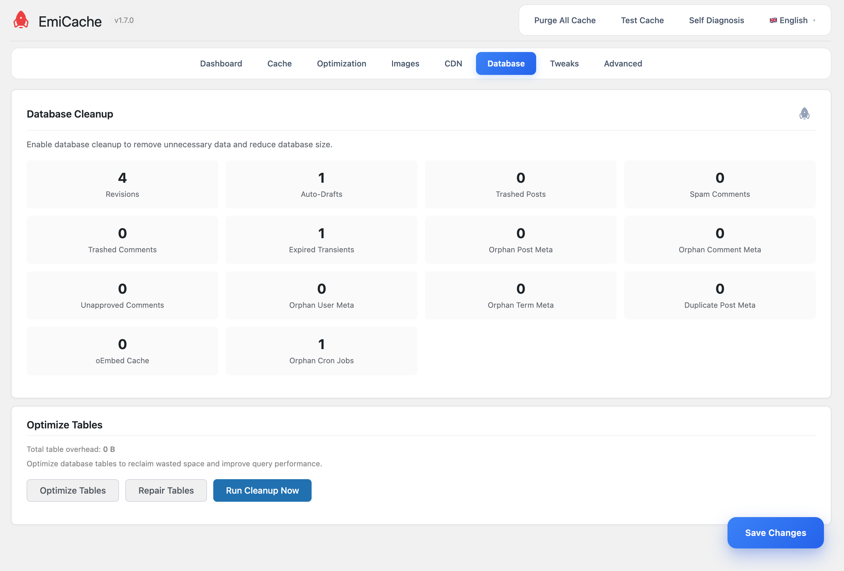 Database cleanup — revisions, auto-drafts, orphan meta, transients, and table optimize / repair