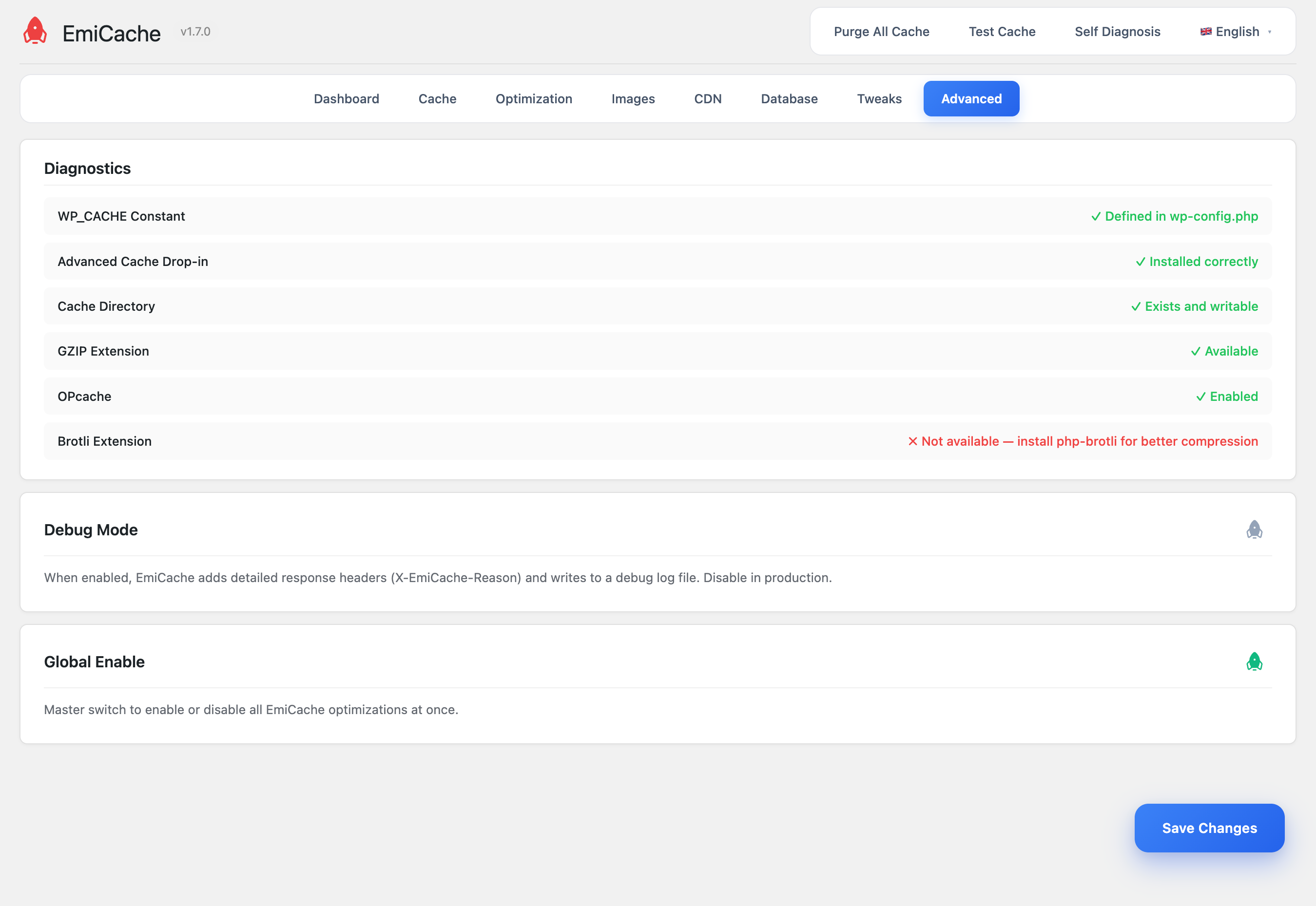 Advanced diagnostics — WP_CACHE constant, advanced-cache drop-in, GZIP / Brotli / OPcache status, debug mode, and global enable toggle