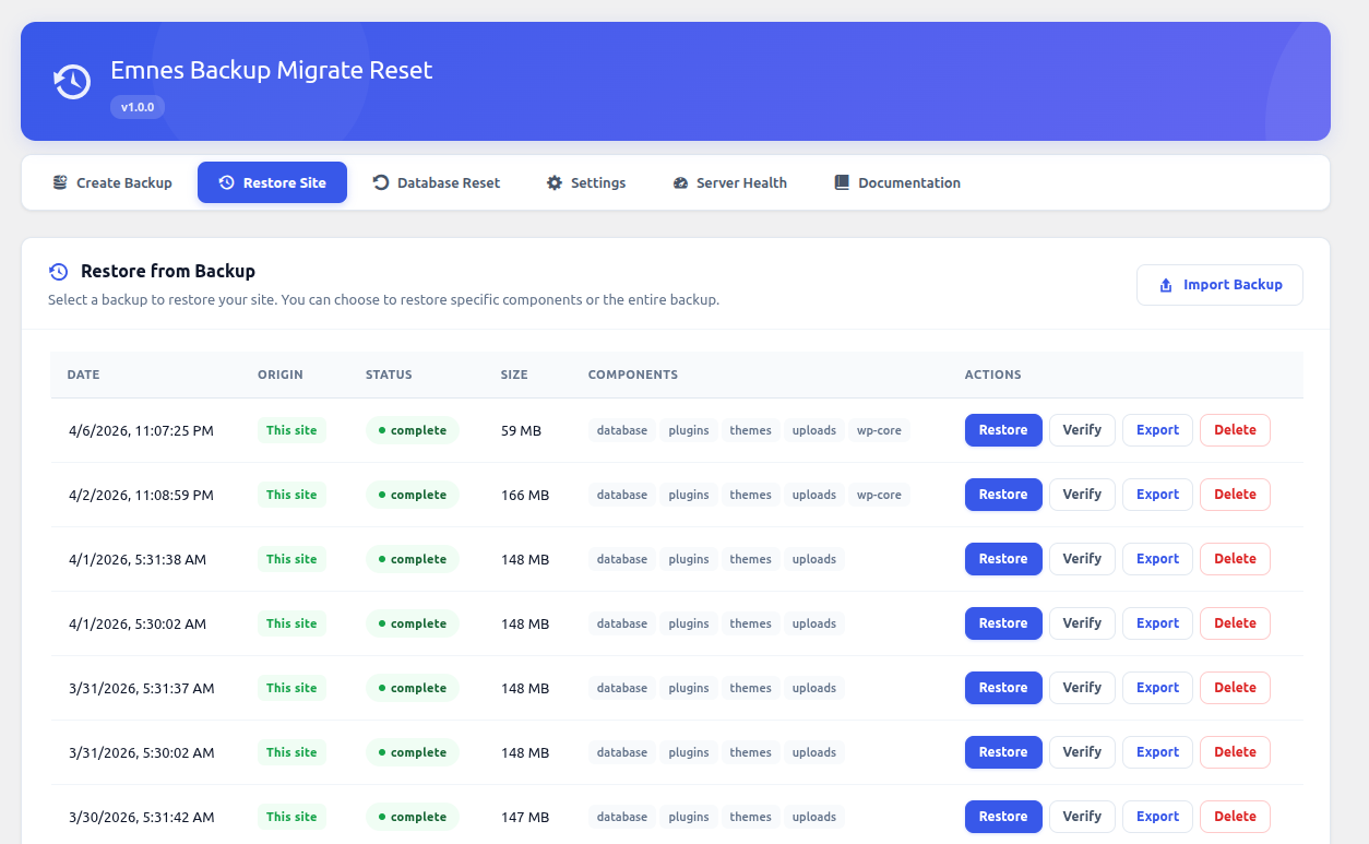 **Restore Site** — Browse backups and choose which components to restore.