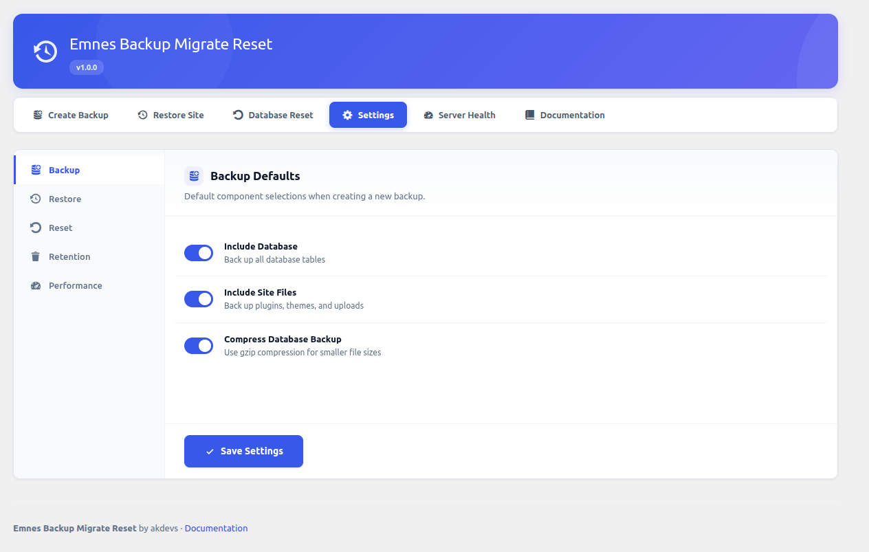 **Settings - Backup Defaults** — Configure default backup components and compression.