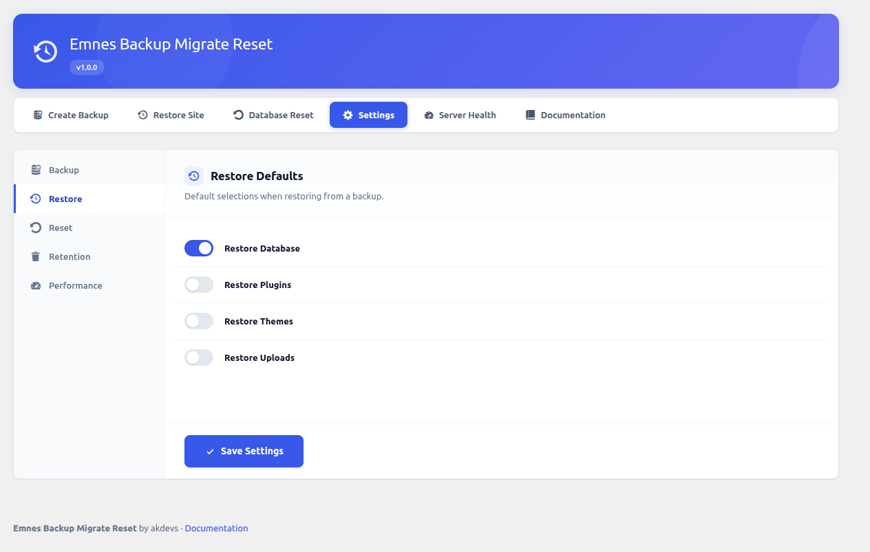 **Settings - Restore Defaults** — Set default restore component selections.
