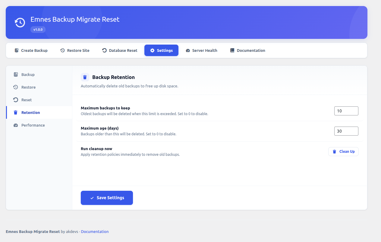 **Settings - Retention** — Set maximum backup count and age for automatic cleanup.