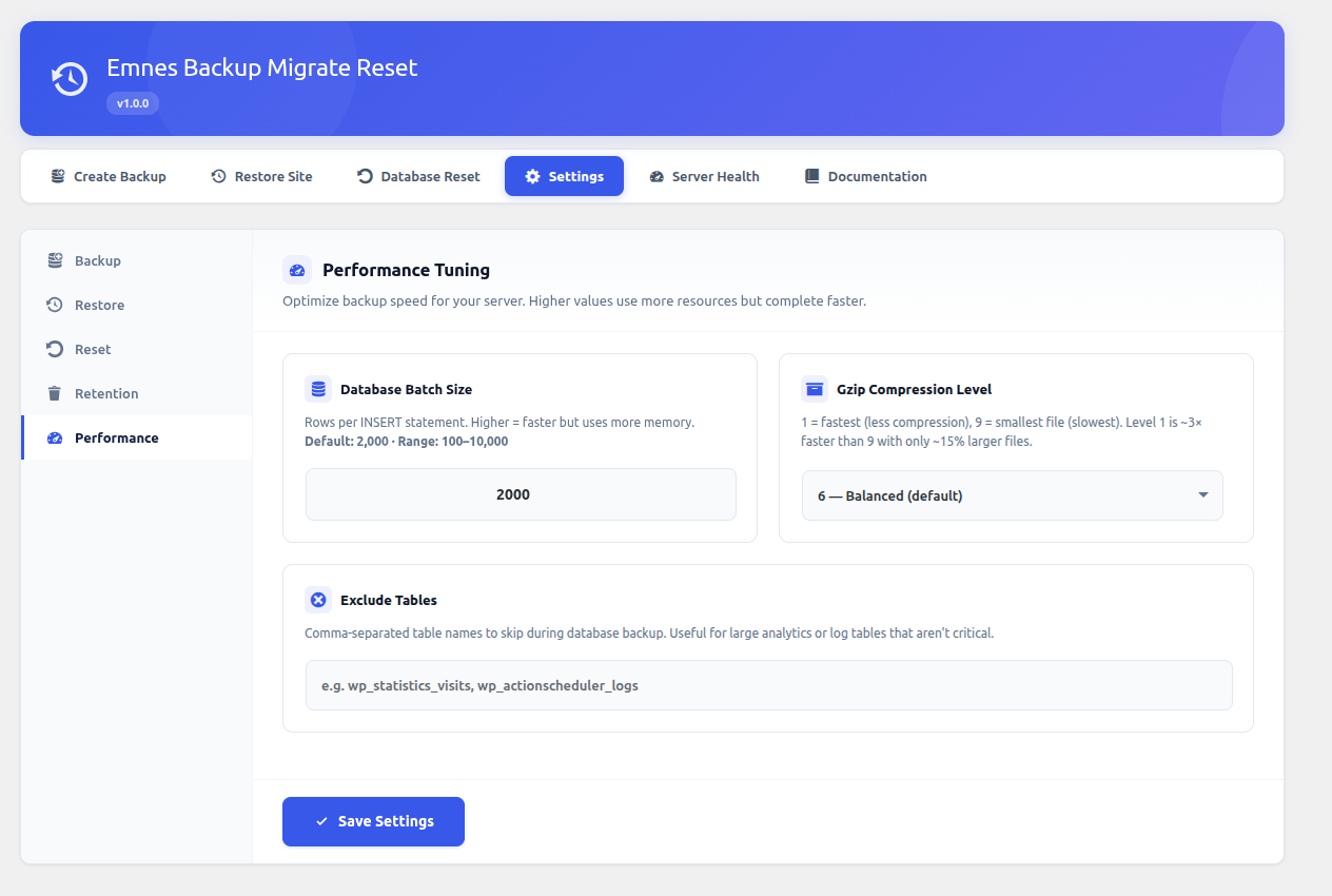 **Settings - Performance** — Tune database batch size, compression level, and table exclusions.