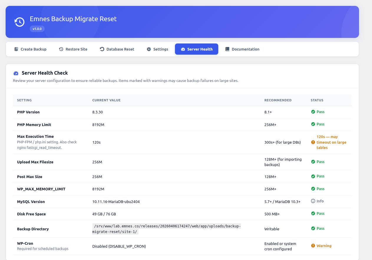 **Server Health** — View PHP configuration, disk space, and environment compatibility.