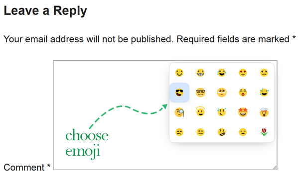 Here the **Emoji list** is opened and you can choose an emoji. You can click anywhere to close this box or it will be closed on choosing an emoji.