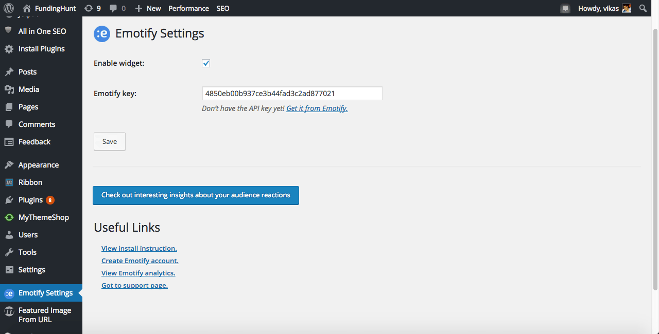 Emotify WordPress dashboard