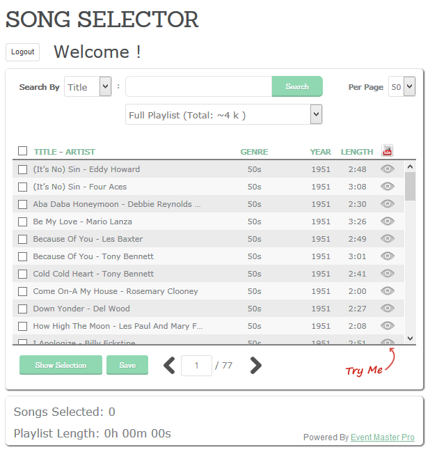 Here's a screen shot of how the EMP Song Selector looks on a website
