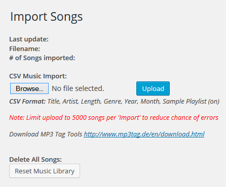 Screen for importing songs in bulk (up to 5000 per import)