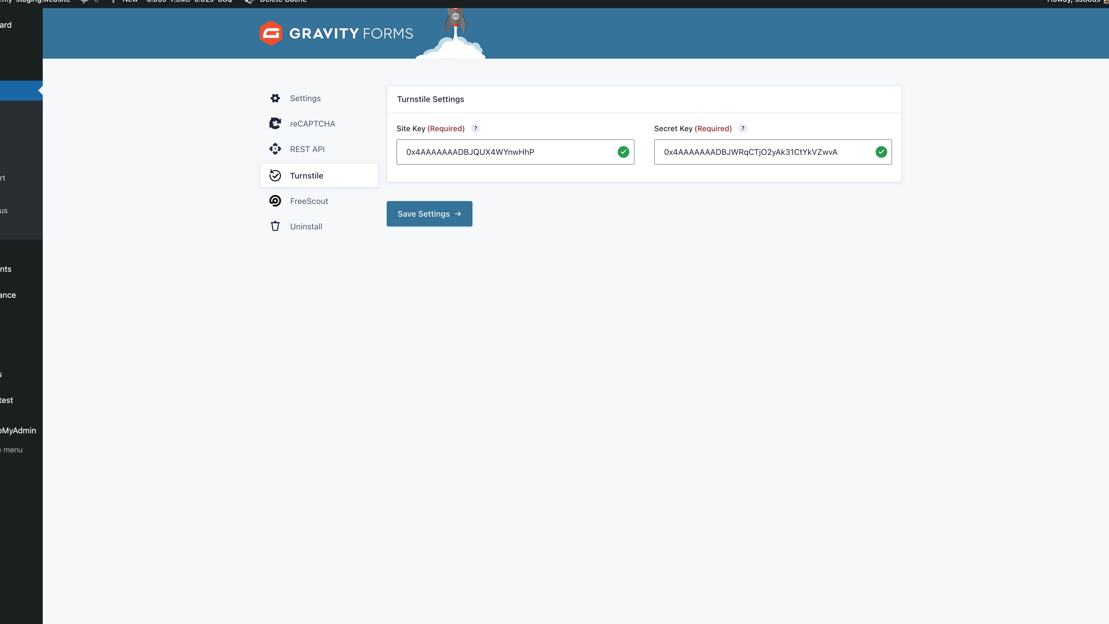The settings page to enter your Cloudflare Turnstile API keys.