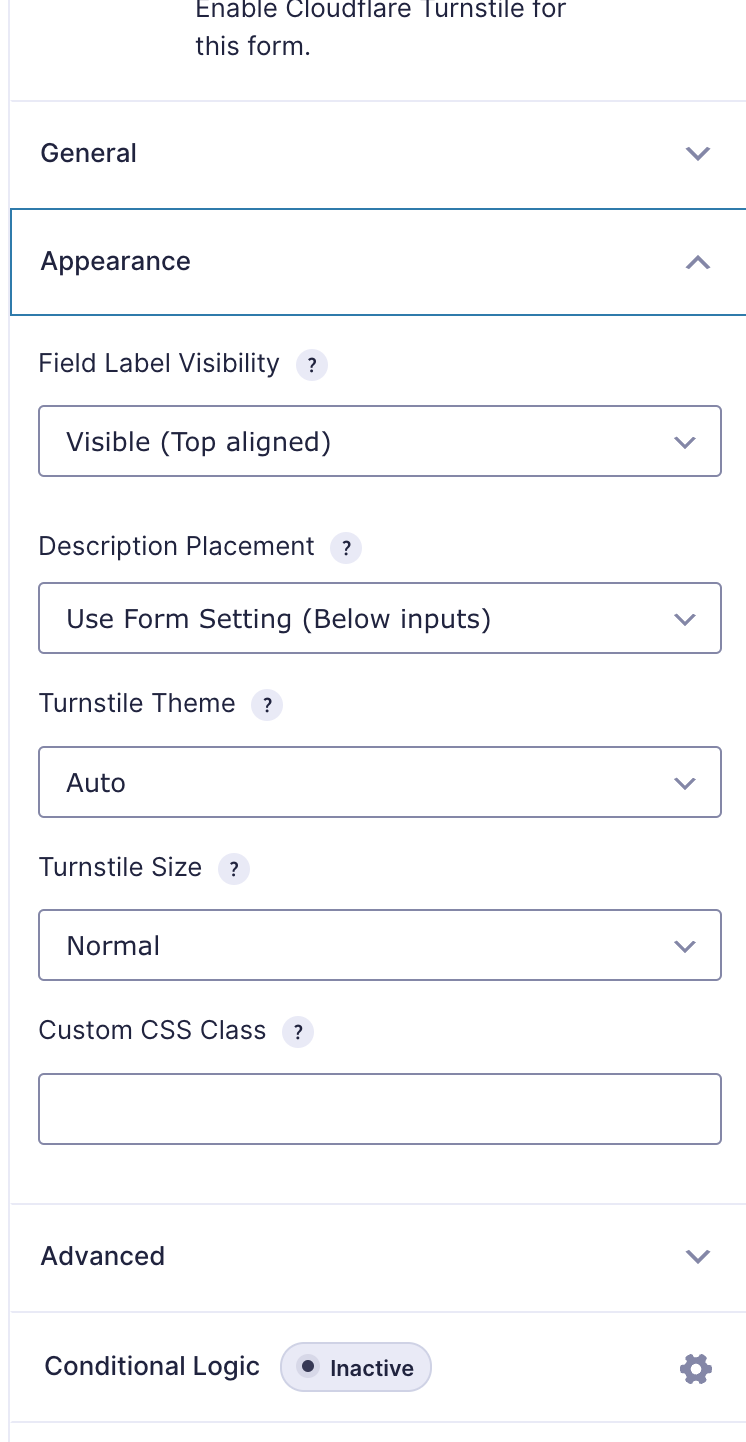 'Theme' and 'Size' settings for the Turnstile field.