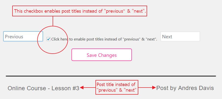 Screenshot of checkbox to enable post titles instead of "previous" & "next".