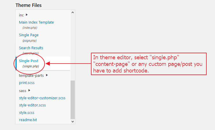 Screenshot describe the selection of file in which to paste the shortcode.