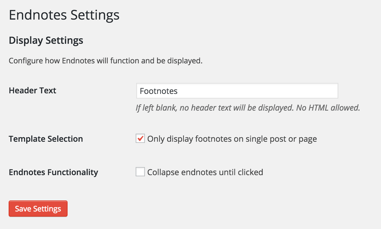 Endnotes settings screen