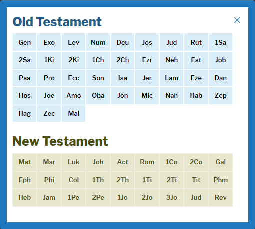 Book selection screen. Select either an Old Testament or New Testament book of the Bible (screenshots-2.png).
