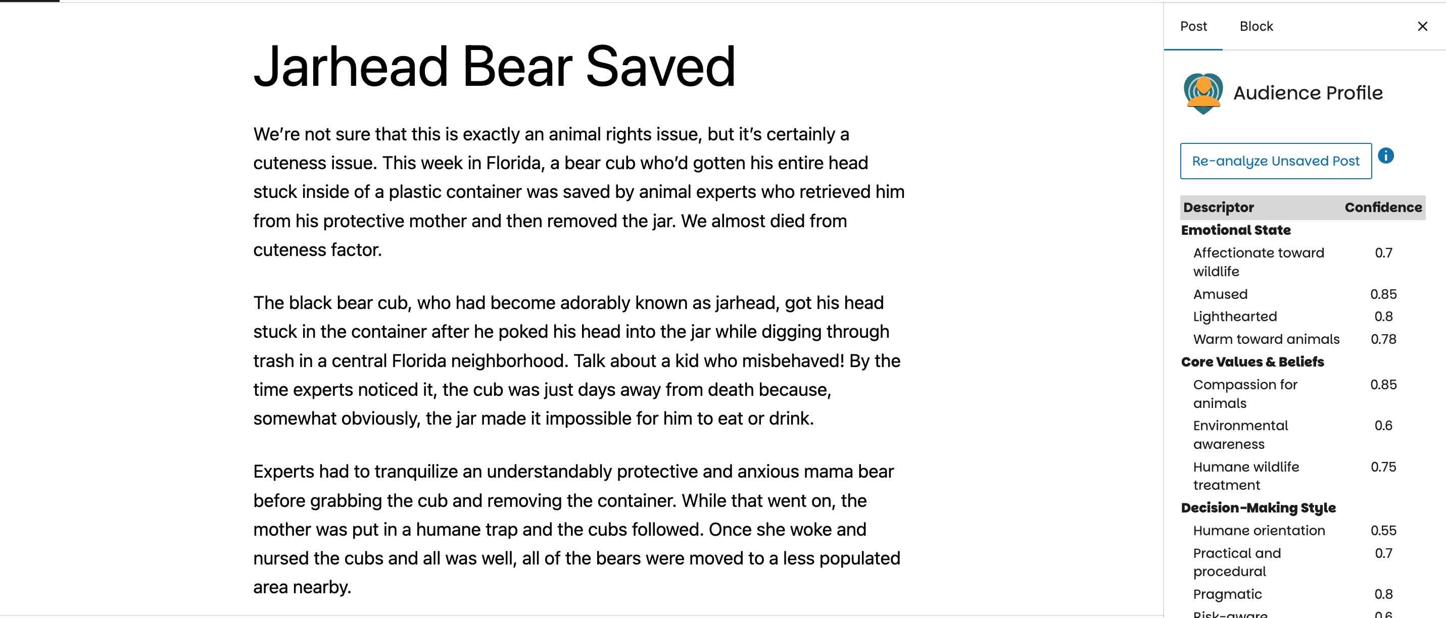 Analyze your post while editing, even if it's unsaved.