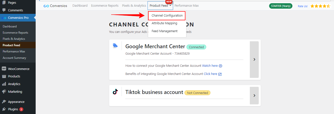 This is a Google Ads settings page where you can configure Google Ads conversion tracking, enhanced conversion tracking & dynamic remarketing tags for ecommerce events.