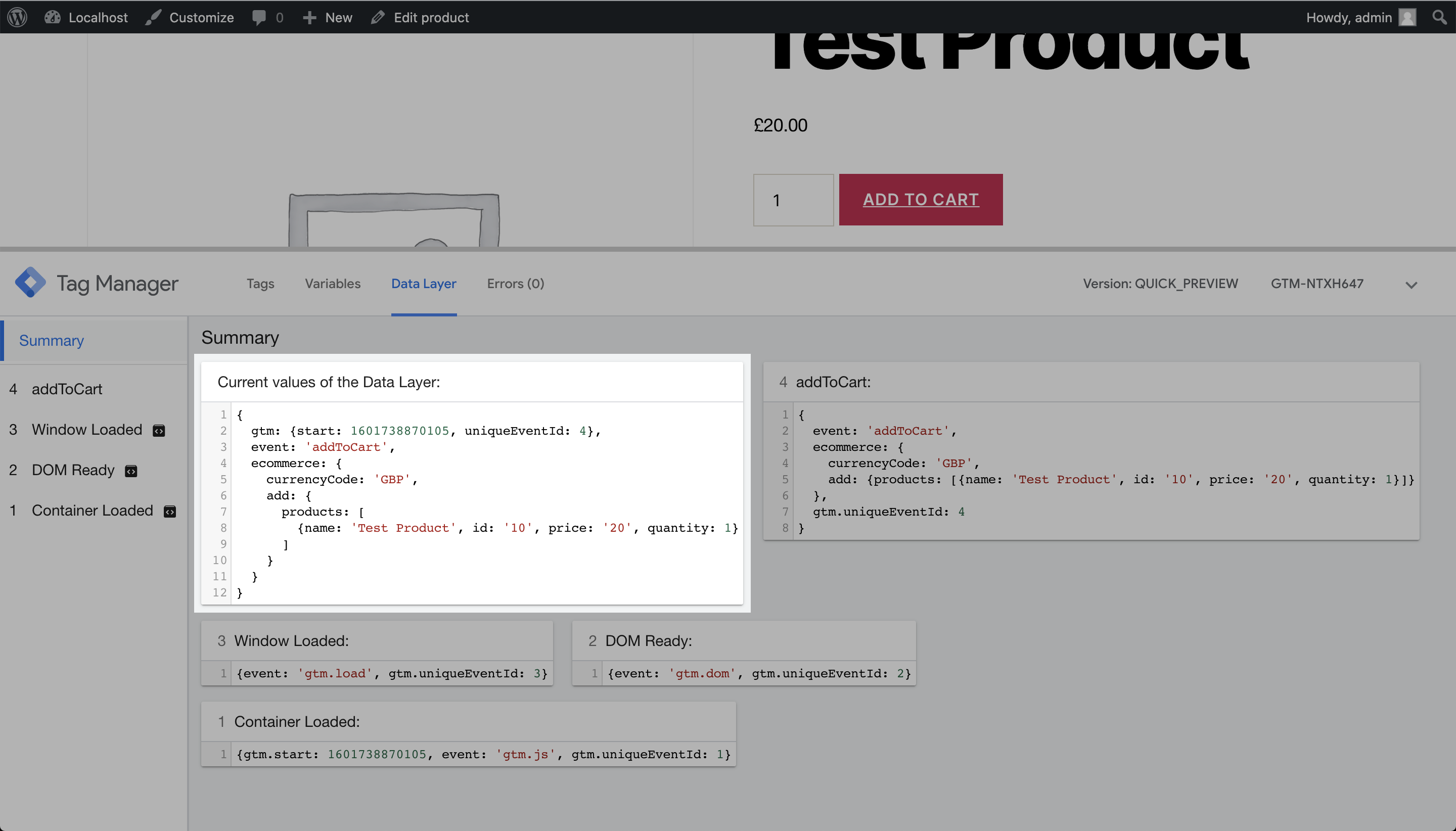 `addToCart` event captured in GTM debugger