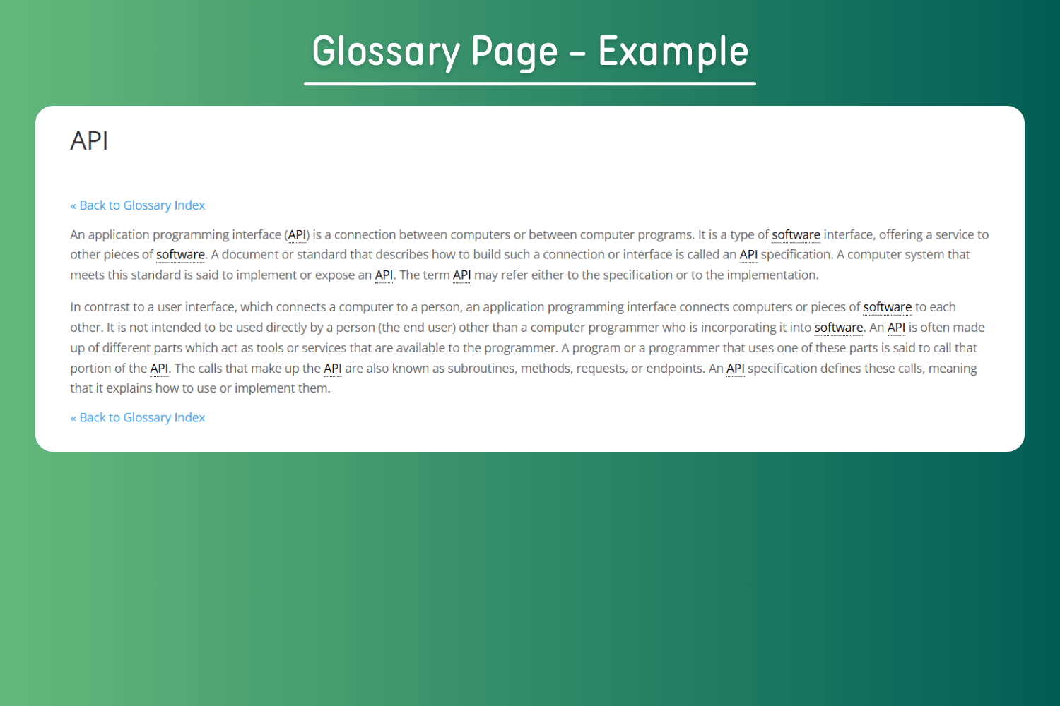 Glossary Index Settings - Customization panel for structuring and displaying glossary index pages