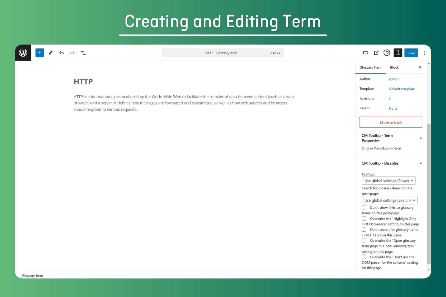Glossary Term Page - Front-end example showing glossary term page