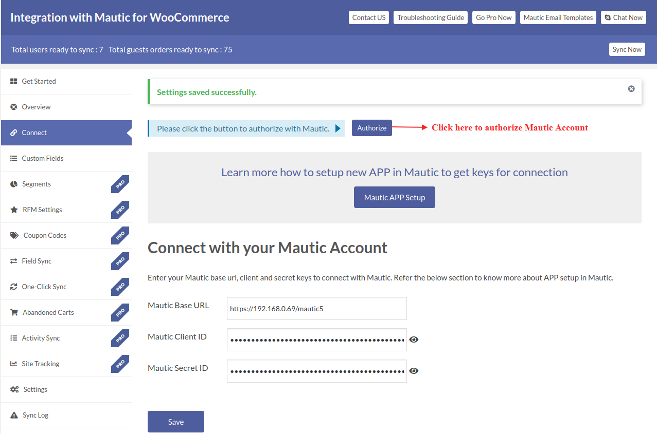 Allow Mautic access to connect with the extension.