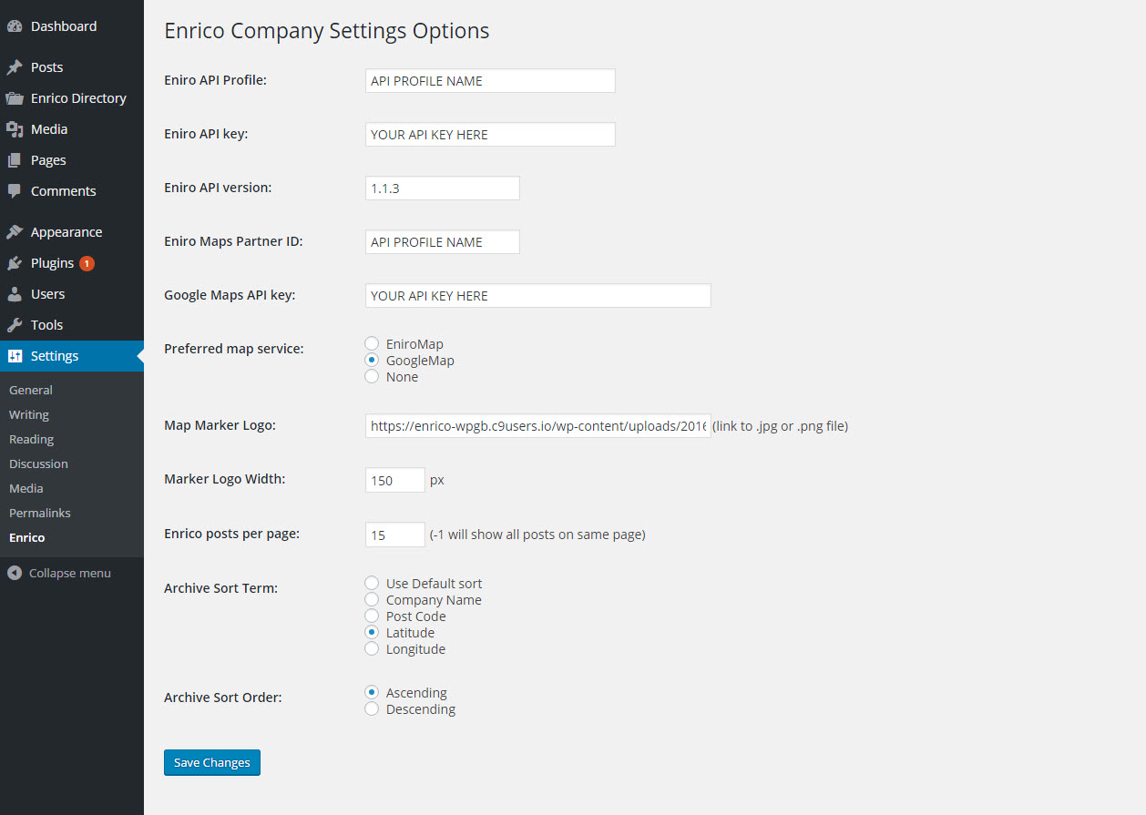 In your blogs Admin panel - go to Settings/Enrico and enter your Eniro API credentials plus preferred settings.