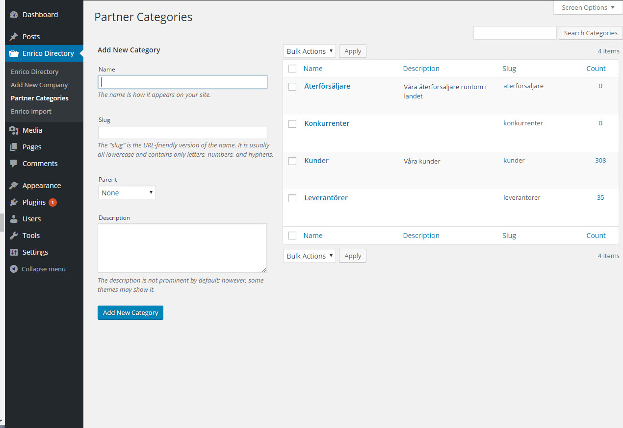 Go to Enrico Directory - Partner Categories and add your custom categories (e.g. Resellers, Suppliers, Customers)