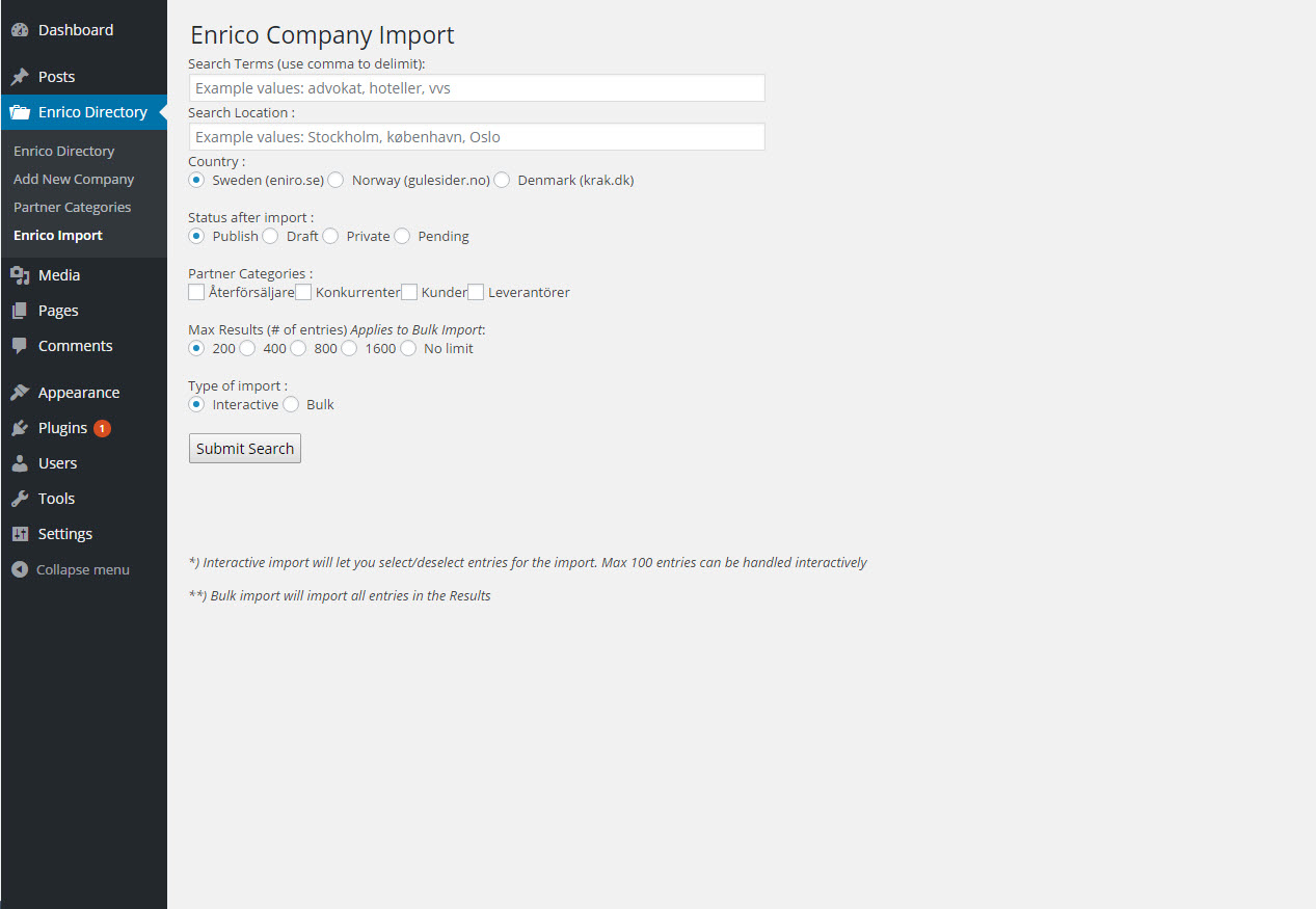 Search for companies and import several at a time
