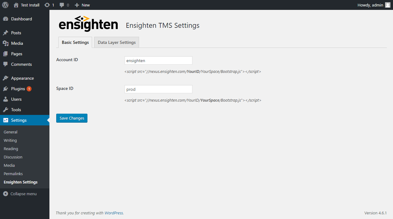 Quickly add Ensighten to your WordPress site by adding your Account Id and Space Id.