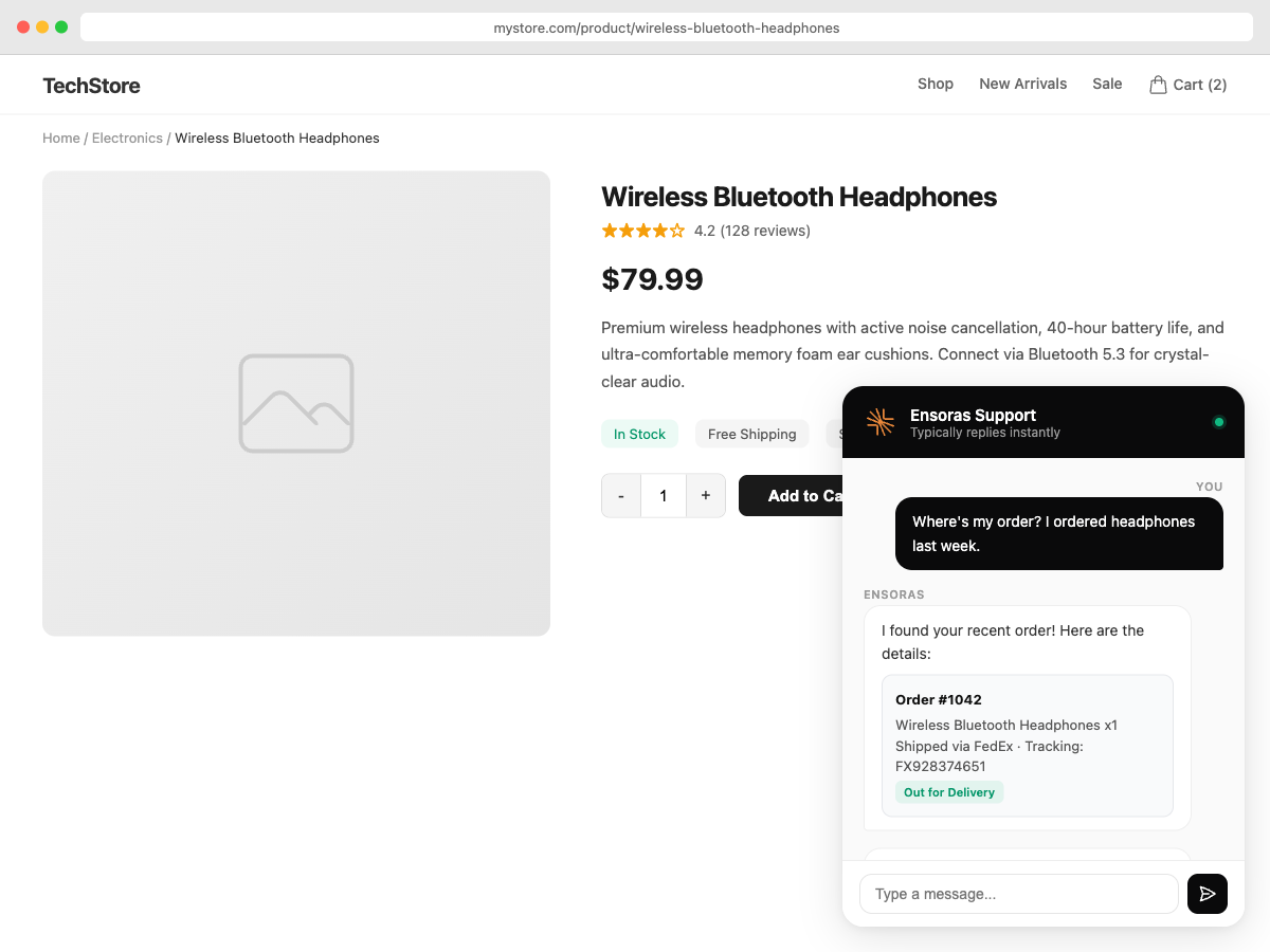 Chat widget on a storefront. Dark-themed widget with custom greeting, quick-reply buttons, and product context shown during a conversation.