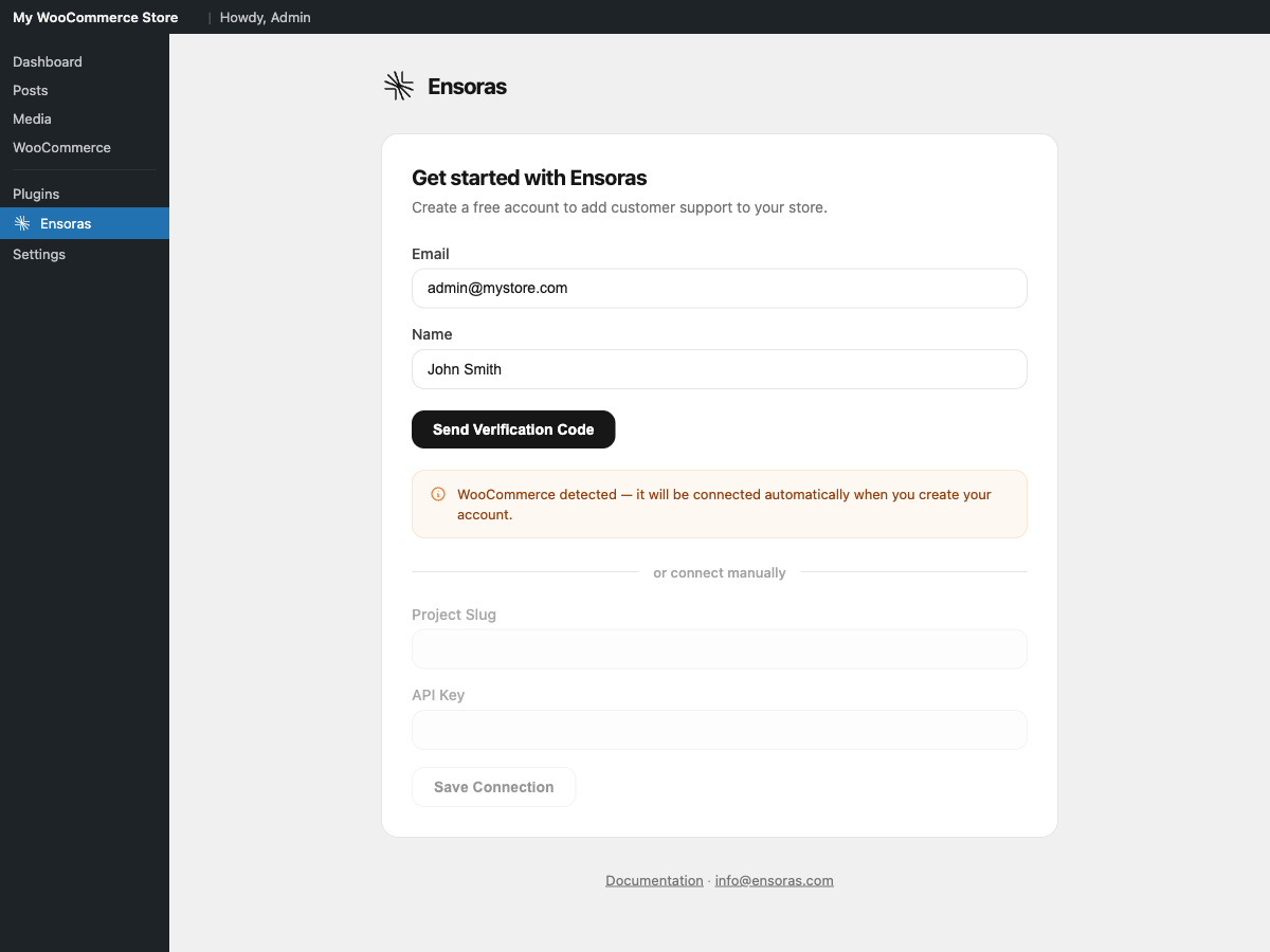 One-click setup. Create a free Ensoras account directly from the plugin — no external websites or API keys needed.