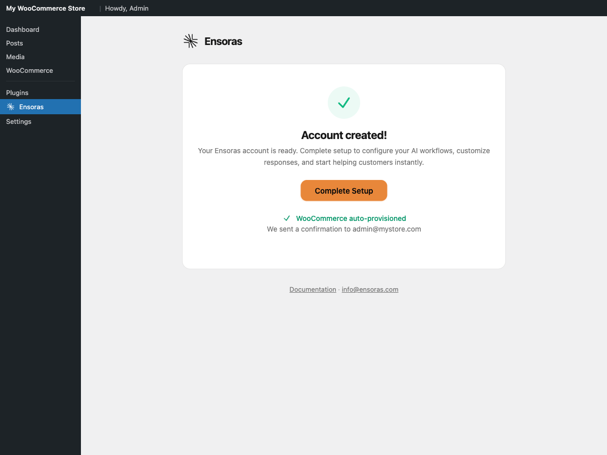 Account created. Success state with WooCommerce connected and widget ready to go.