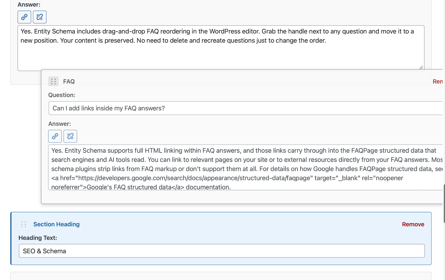 FAQ Schema editor - drag-and-drop reordering with full HTML link support in answers