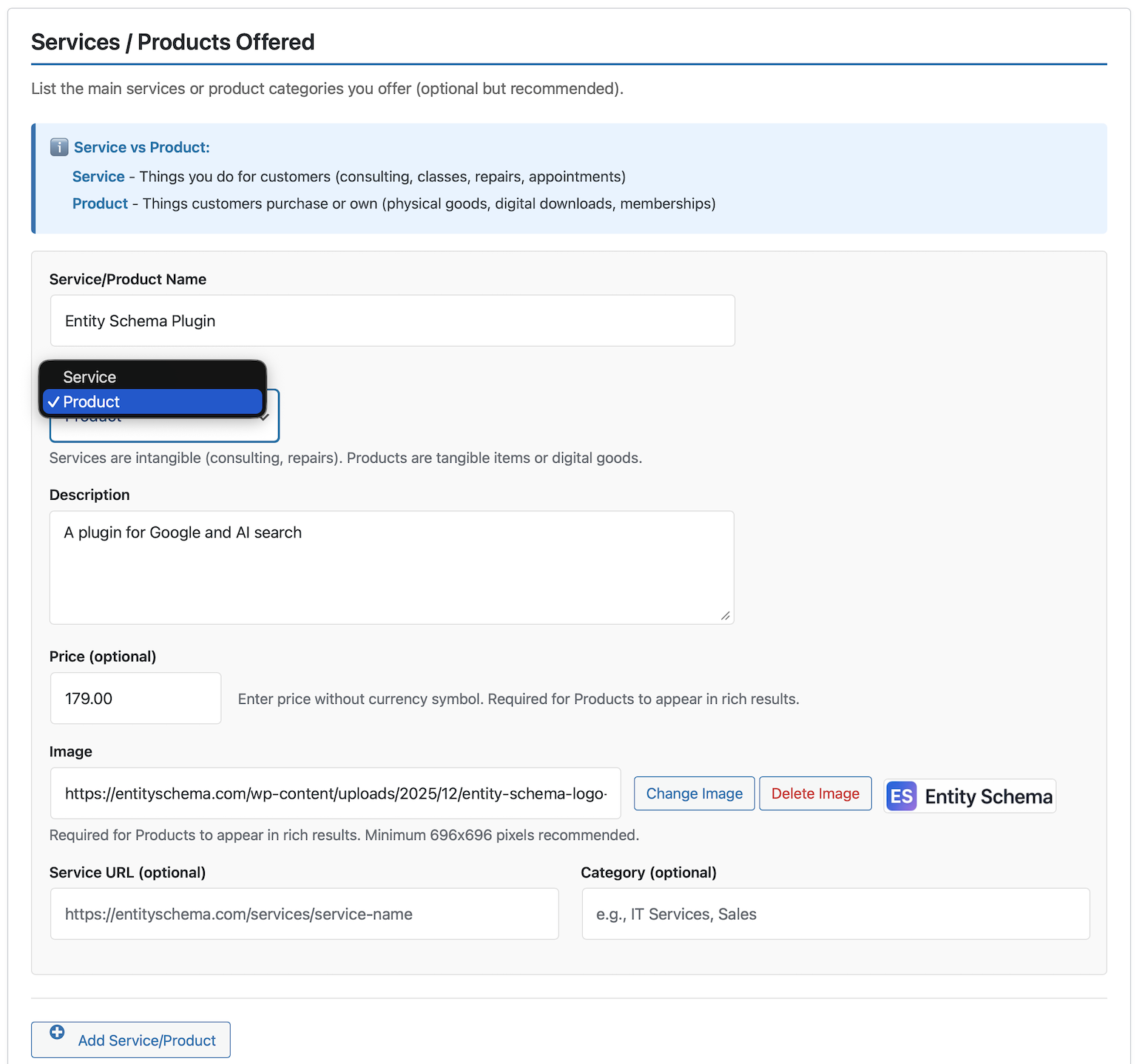 Service/Product Offerings - define services and products with proper schema types