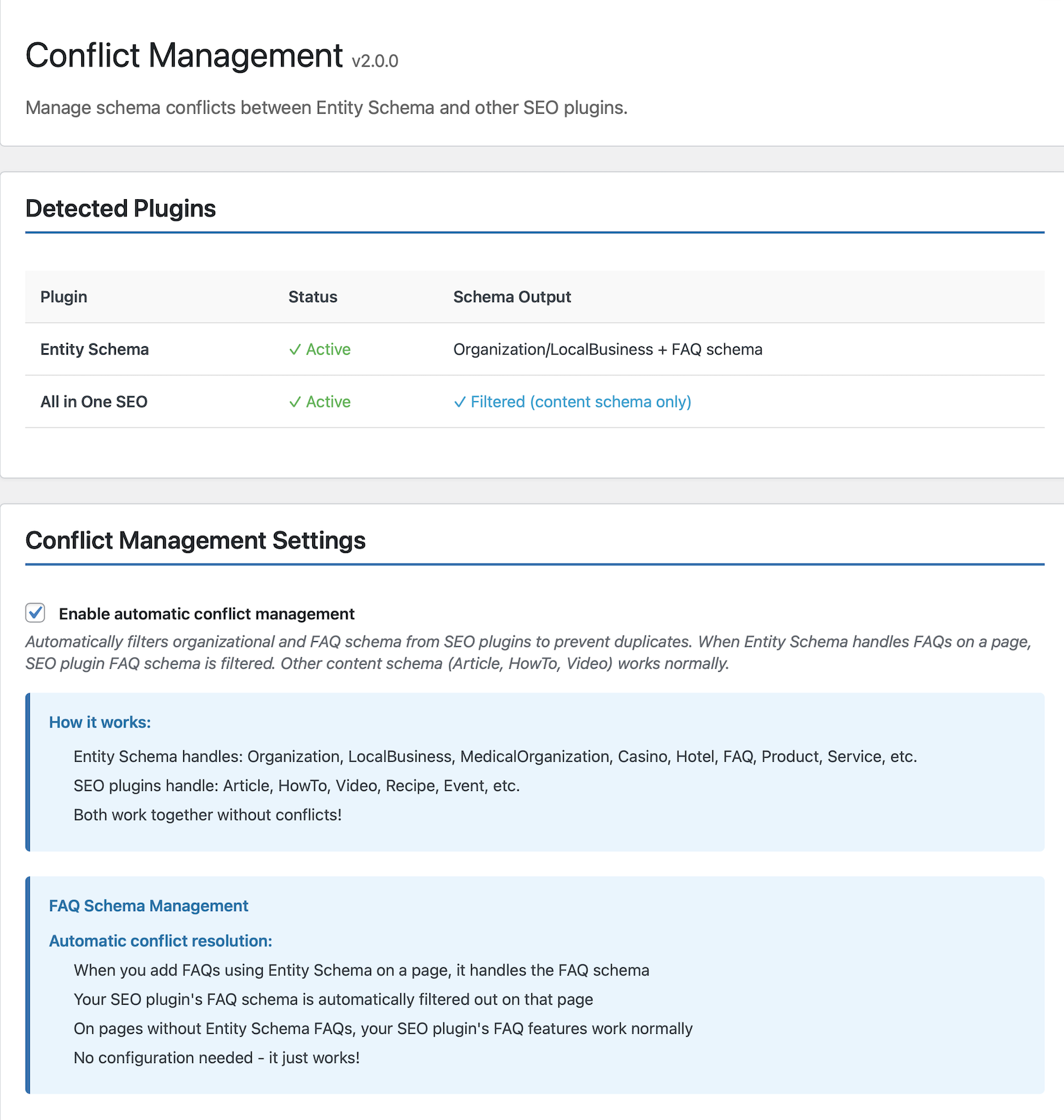 Conflict Management - automatic detection and filtering alongside your existing SEO plugin